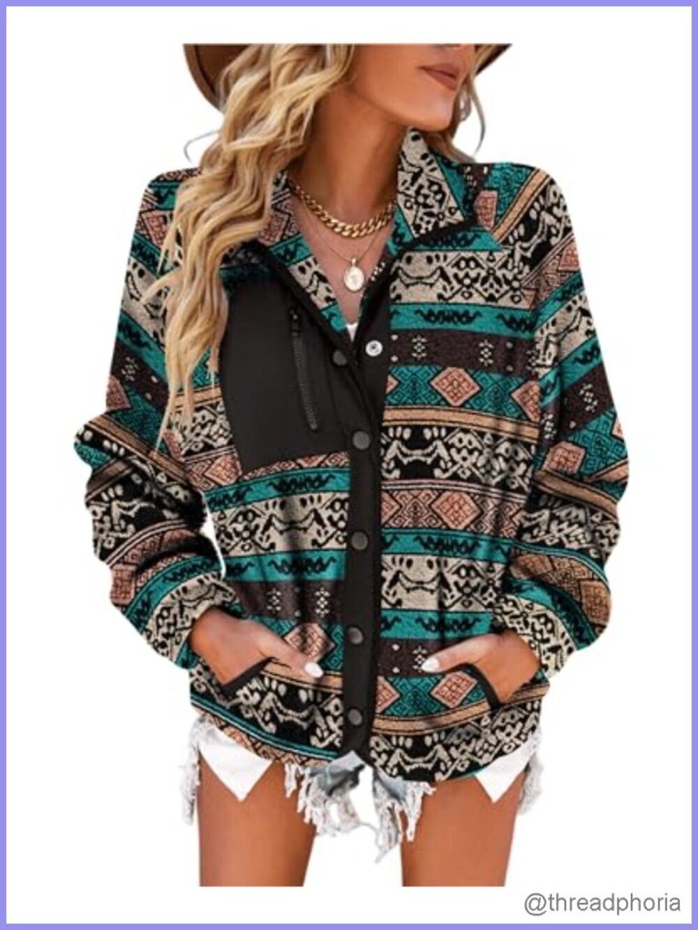 Fleece Jacket Western Aztec Print Long Sleeve Snap Button Down Shacket Pockets